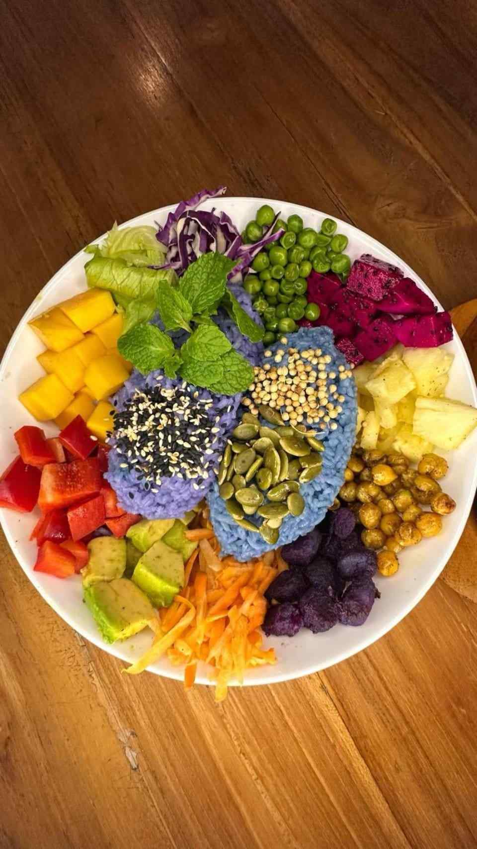 Organic fresh rainbow salad bowl at Slavic Roots Cafe in Berawa Canggu, Bali