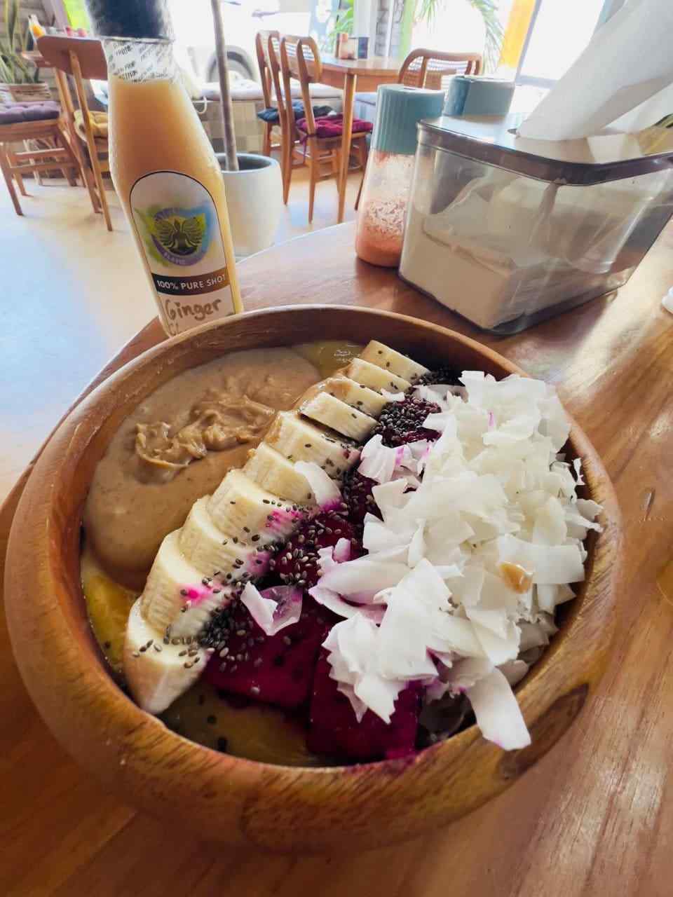 Fresh organic smoothie bowl at Slavic Roots Cafe in Berawa Canggu, Bali